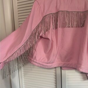 Pink Sherpa Lined Denim Jacket with Silver Rhinestone Fringe